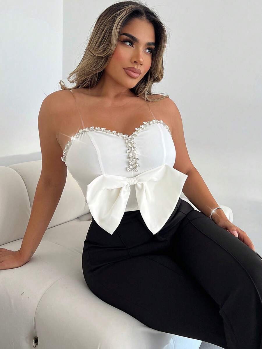 SHEIN Unity Canottiera sexy con decorazione a fiocco 3D e strass per donne