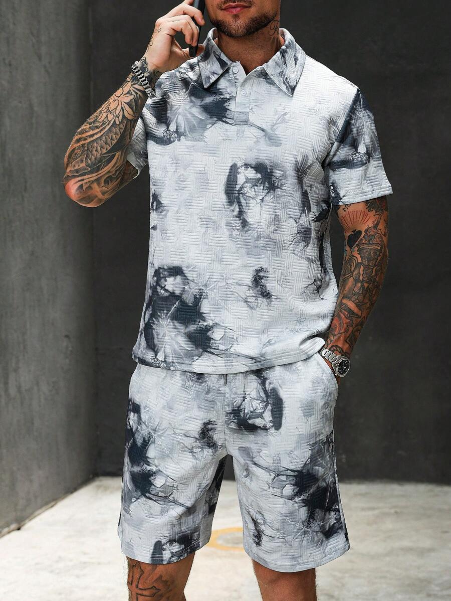 Manfinity LEGND Conjunto de camiseta polo de manga corta casual con estampado floral y pantalones cortos para hombre