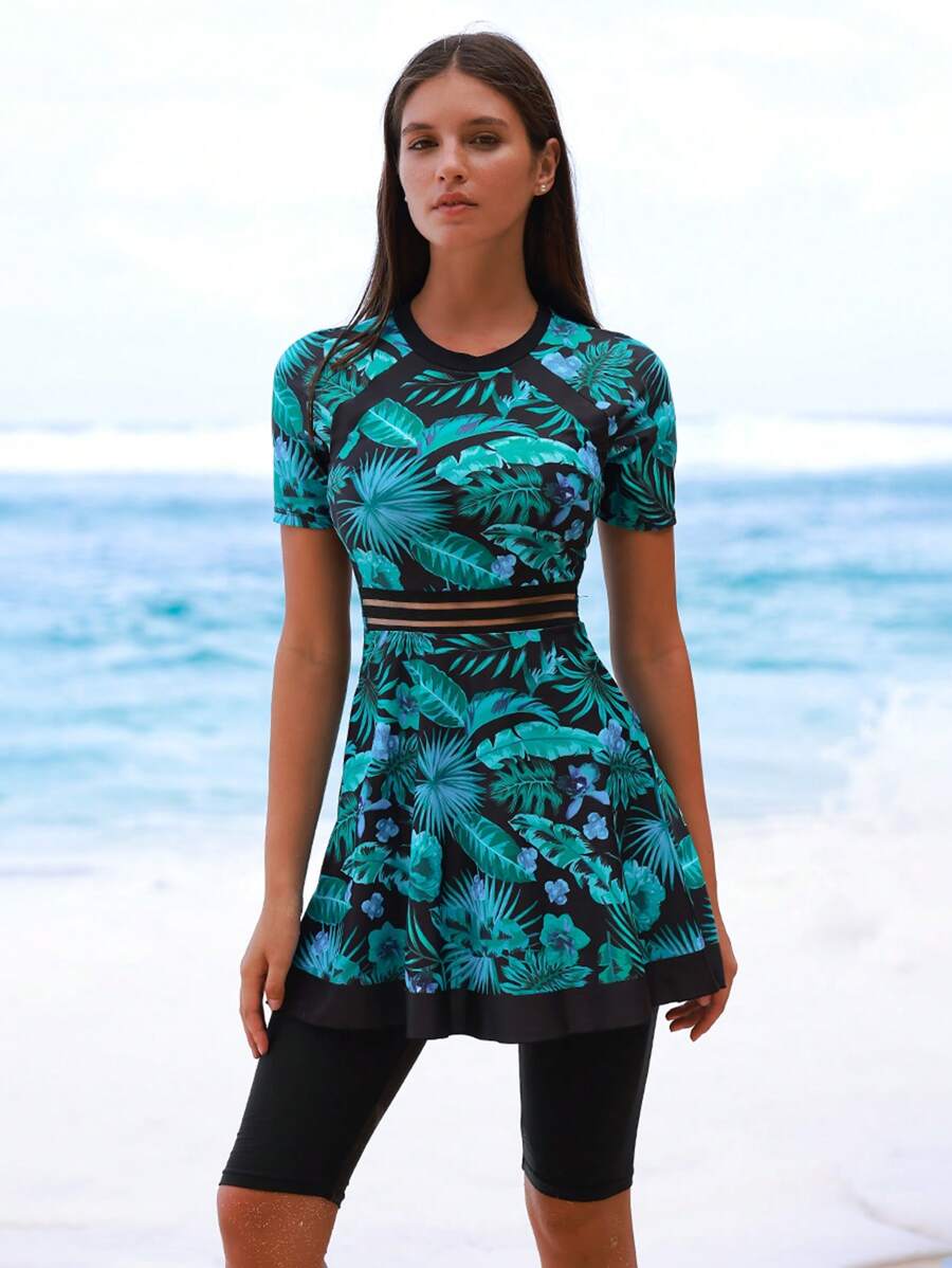 Swim Shayni 2 pezzi/Set Nuovo Abito bohémien da spiaggia senza maniche con motivo floreale tropicale e set di costumi da bagno burkini neri per donne, adatti per la primavera/estate