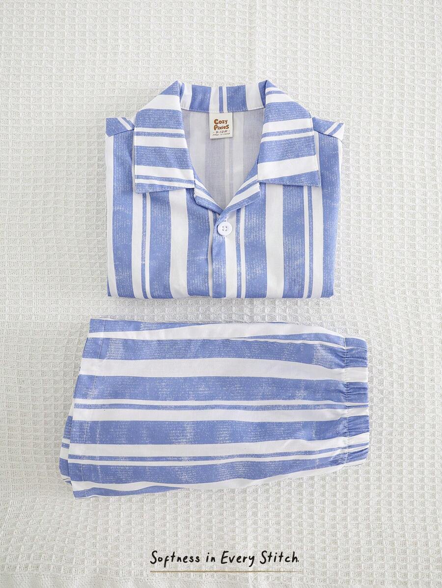 Cozy Pixies 2pcs Baby Boy Colorful Stripe Lapel Short Sleeve Cardigan Top And Elastic Waist Shorts Set