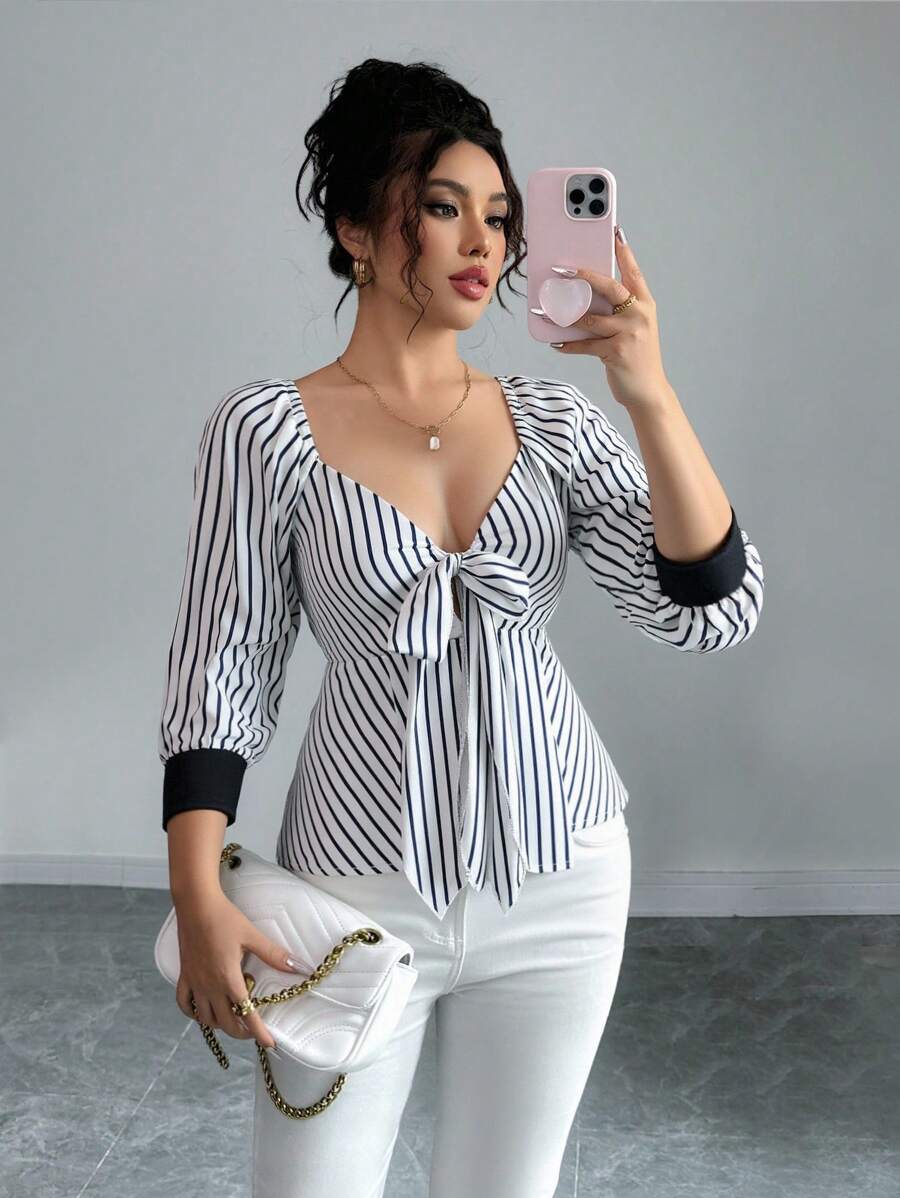 Elenzga Elegante blusa senza maniche con fiocco anteriore, a peplum con colori a contrasto, adatta per uso casual quotidiano, viaggi, spiaggia, festival musicali, pendolarismo, primavera/estate