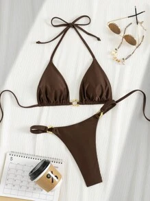 Swim SXY Conjunto de Maiô Bikini Estilo Resort Acessórios Metálicos Tecido Metálico Sexy