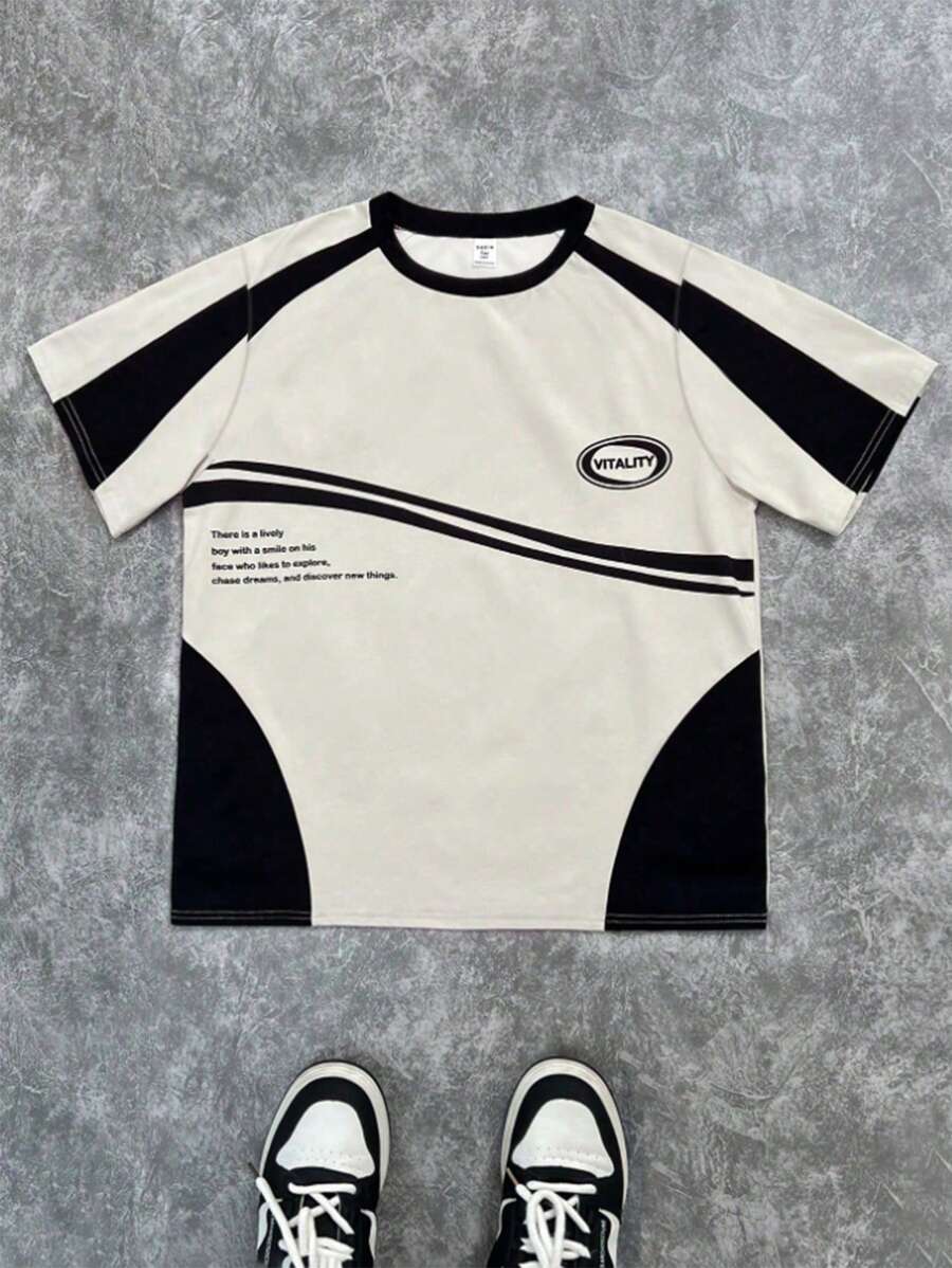 SHEIN Tween Boys' Casual Minimalist Sports Print Short Sleeve Round Neck T-Shirt, Suitable For Summer
