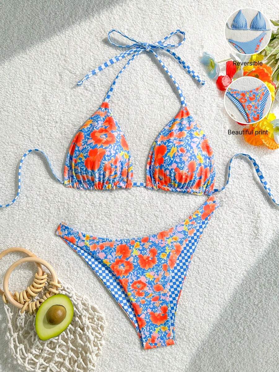 Swim Mod Women S Summer Floral Print Halter Tie String Sexy Bikini Two Pieces Swimsuit Set