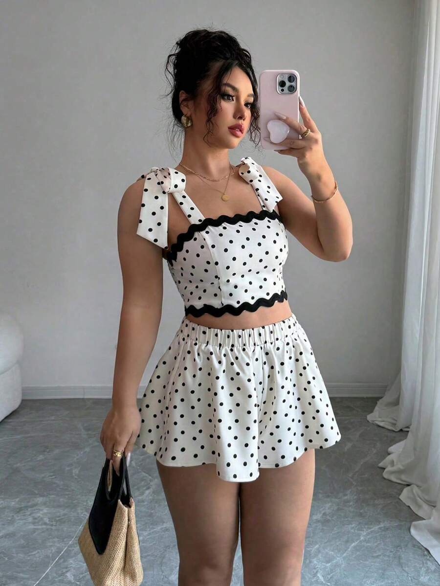 INAWLY Ensemble 2 pièces nouvelle collection été, Top court à volants à imprimé pois élégant à nœud papillon, plus pantalon ample à taille élastique pour femmes grande taille