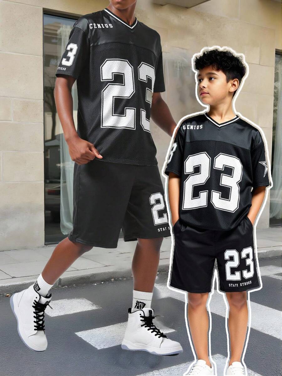 SHEIN 2pcs Set Teen Boy's Casual Sports College European And American V-Neck Mesh Sportswear Short-Sleeved Tops And Shorts Set With Digital Patterns Suitable For Kids Outfits Toddler Boy Clothes Back To School Boys Set Suitable For Birthday Parties, Evening Parties, Performances, Weddings, Baptisms, Opening Ceremonies Daily Suitable For Daily Use Suitable For School Suitable For Travel Suitable For Sports Suitable For Spring And Summer Seasons