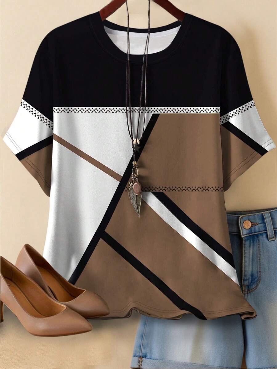 INAWLY Women's Plus Comfort Patchwork Color Block Full Print Short Sleeve T-Shirt