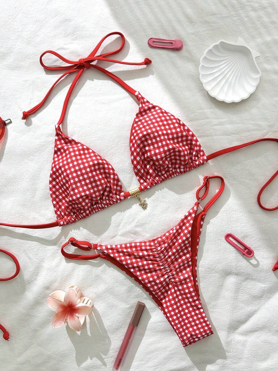 Swim Mod Springbreak Women S Plaid Print Metal Decor Spaghetti Strap Sexy Bikini Swimsuit Set