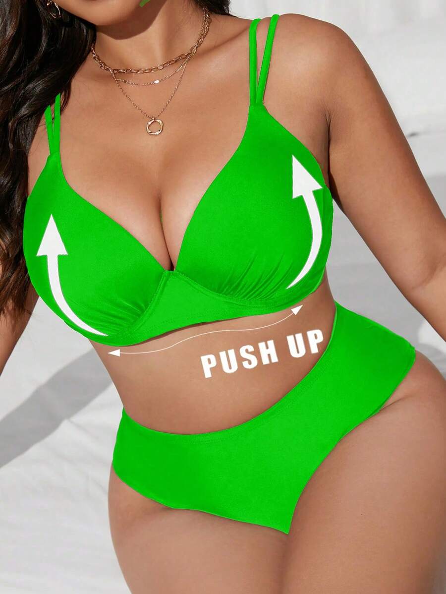 SHEIN Swim Curve Set da 2 pezzi di costumi da bagno a vita alta e triangolo con ferretto, per taglie forti, colore unito, accessorio regolabile, elegante, di moda, sexy, casual, adatto per spiaggia e vacanze