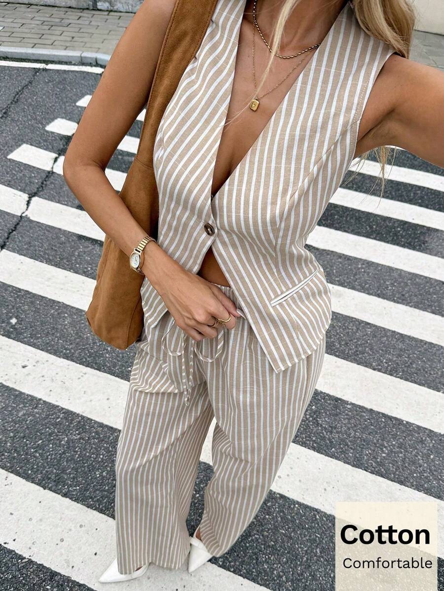 SHEIN Frenchy New Summer Cotton Striped Suits For Women, Apricot Casual Formal Suits, Casual Suits For Mujer, Daily Commuting Suits, Elegant Suits For Dama, Comfortable Cotton Clothing