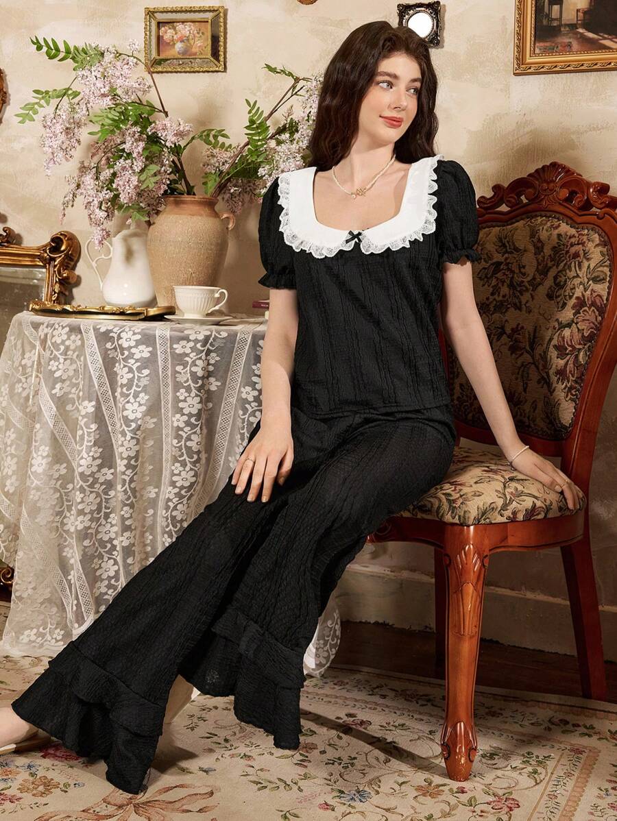 Côtesoire Conjunto de pijama de mujer de estilo elegante del sur de Francia con textura de punto, cuello de peter pan y contraste de color
