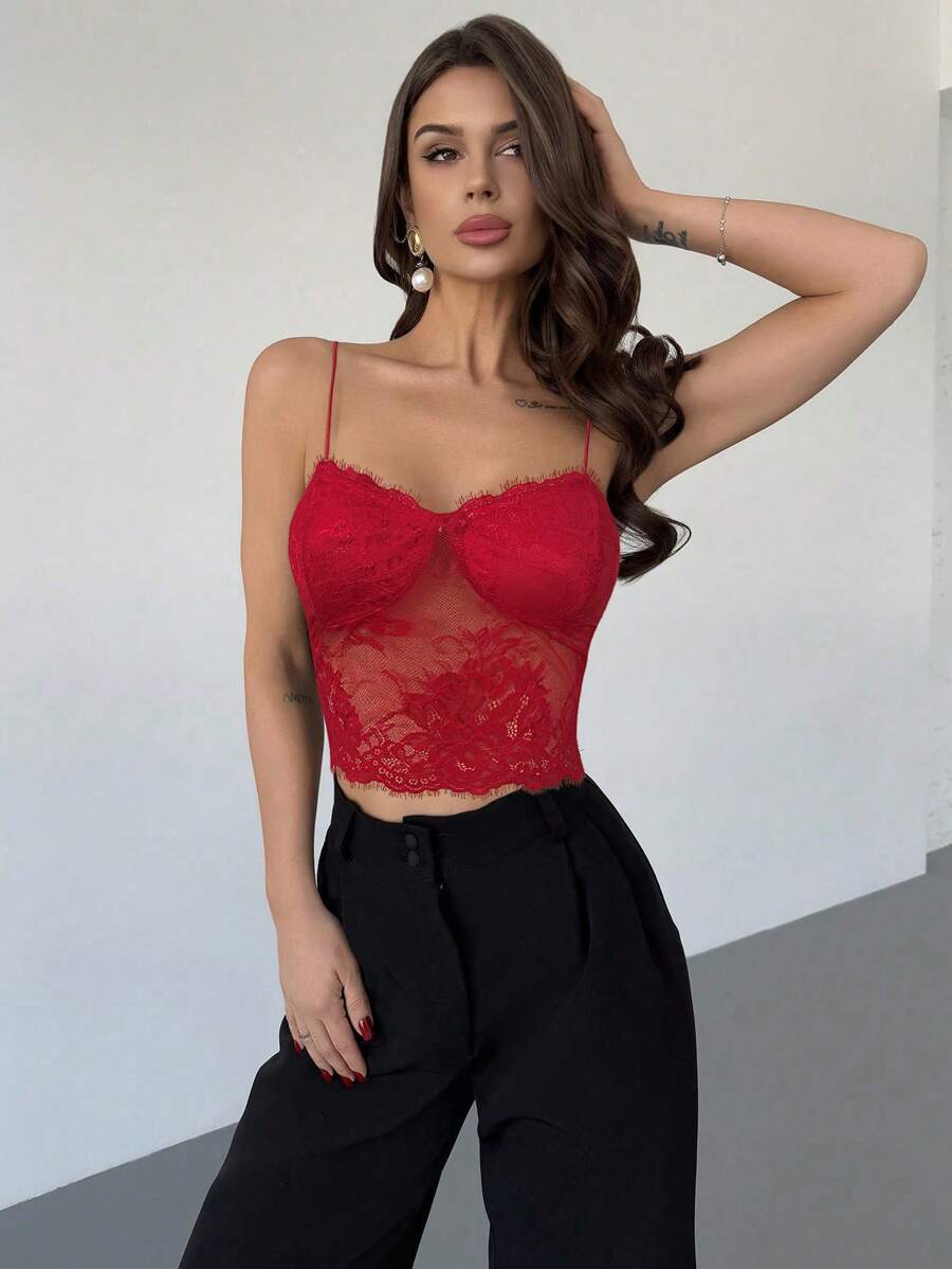 Firerie Top tipo camiseta de lencería transparente de encaje, elegante y sexy, para el Día de San Valentín y la boda, primavera/verano