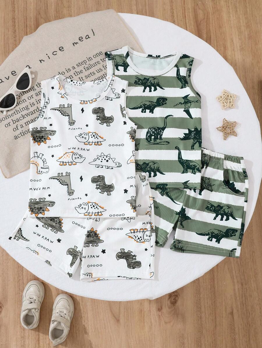 4 piezas Conjunto informal de verano con estampado de dinosaurio pintado a mano en camisetas de tirantes para niños