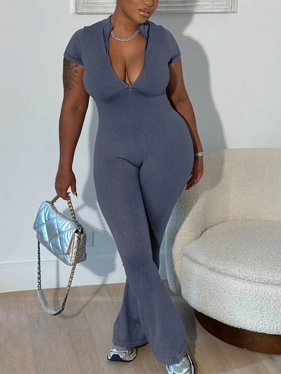 INAWLY Plus Size Casual Effen Kleur Slim-Fit Flare Jumpsuit