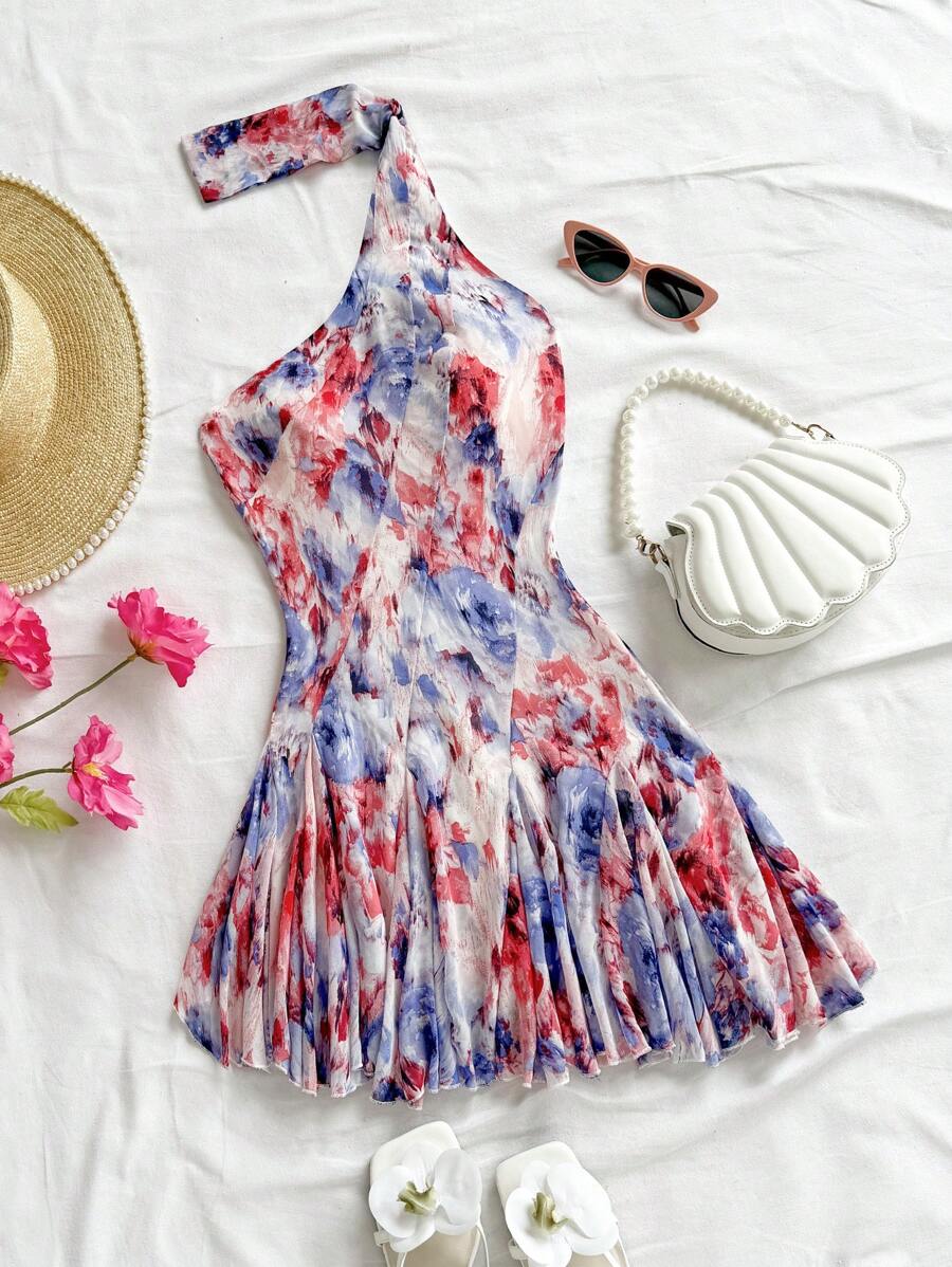 Soleia Vestido mini para vacaciones sexy con diseño asimétrico, cintura ceñida, estampado floral efecto tie-dye, espalda descubierta para mujer, estilo campestre romántico