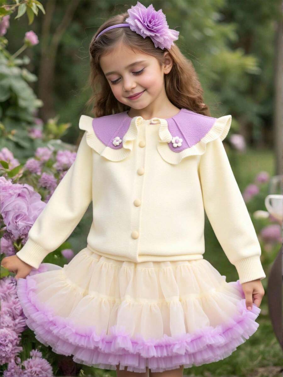 SHEIN Young Girl Coordinated Casual Simple Comfortable Contrast Color Polo Sweater Skirt