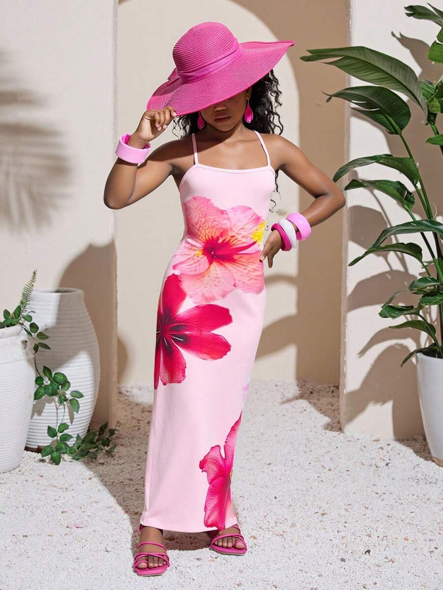 SHEIN Robe moulante d'été confortable à imprimé floral pour filles pré-adolescentes