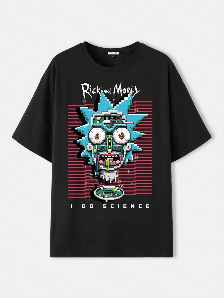 Rick and Morty X SHEIN Men's Letter & Cartoon Pattern Round Neck Short Sleeve T-Shirt, Summer