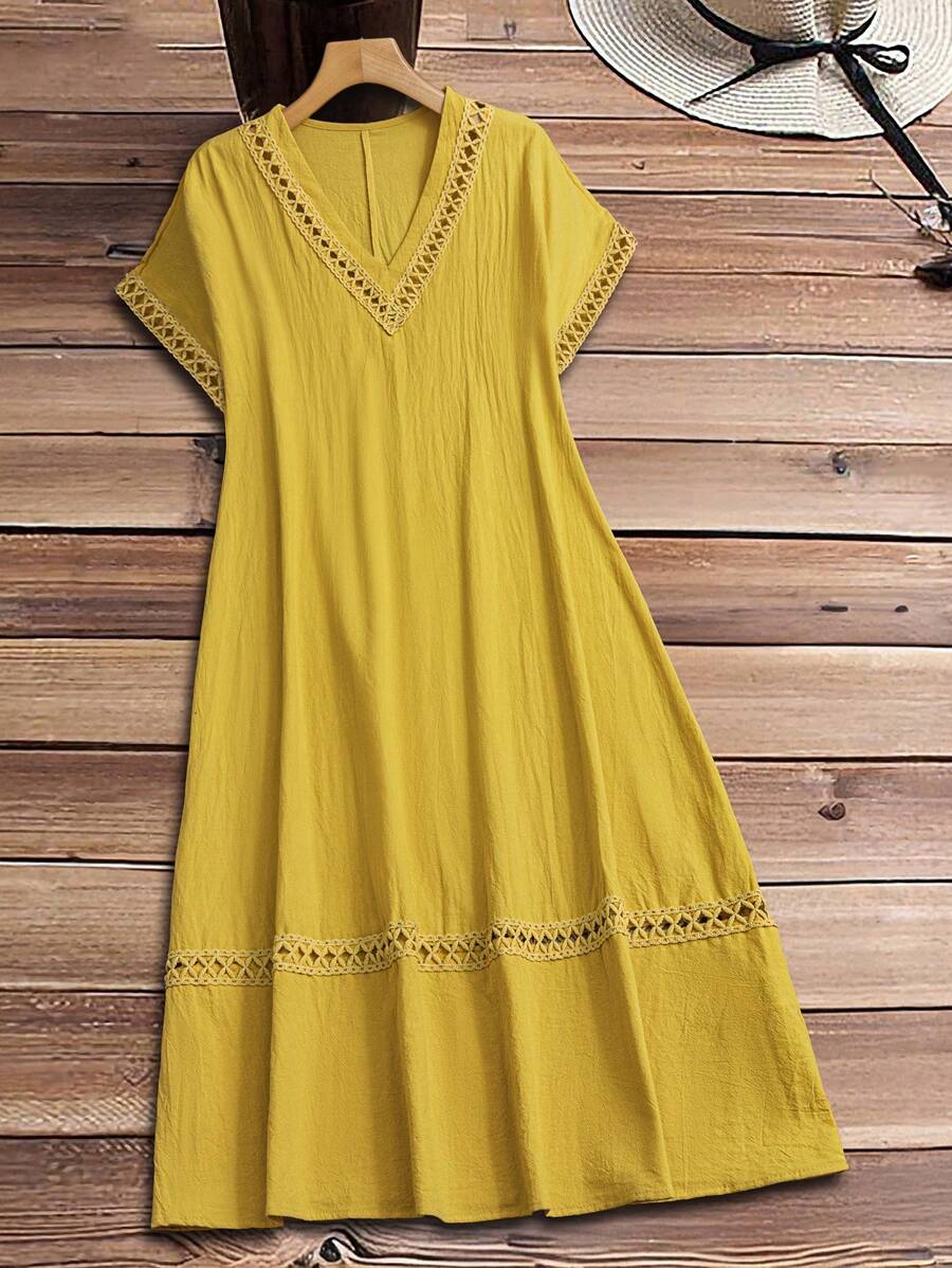 Rusticease Plus Size Women Solid Color V-Neck Short Sleeve Straight Loose Casual Dress