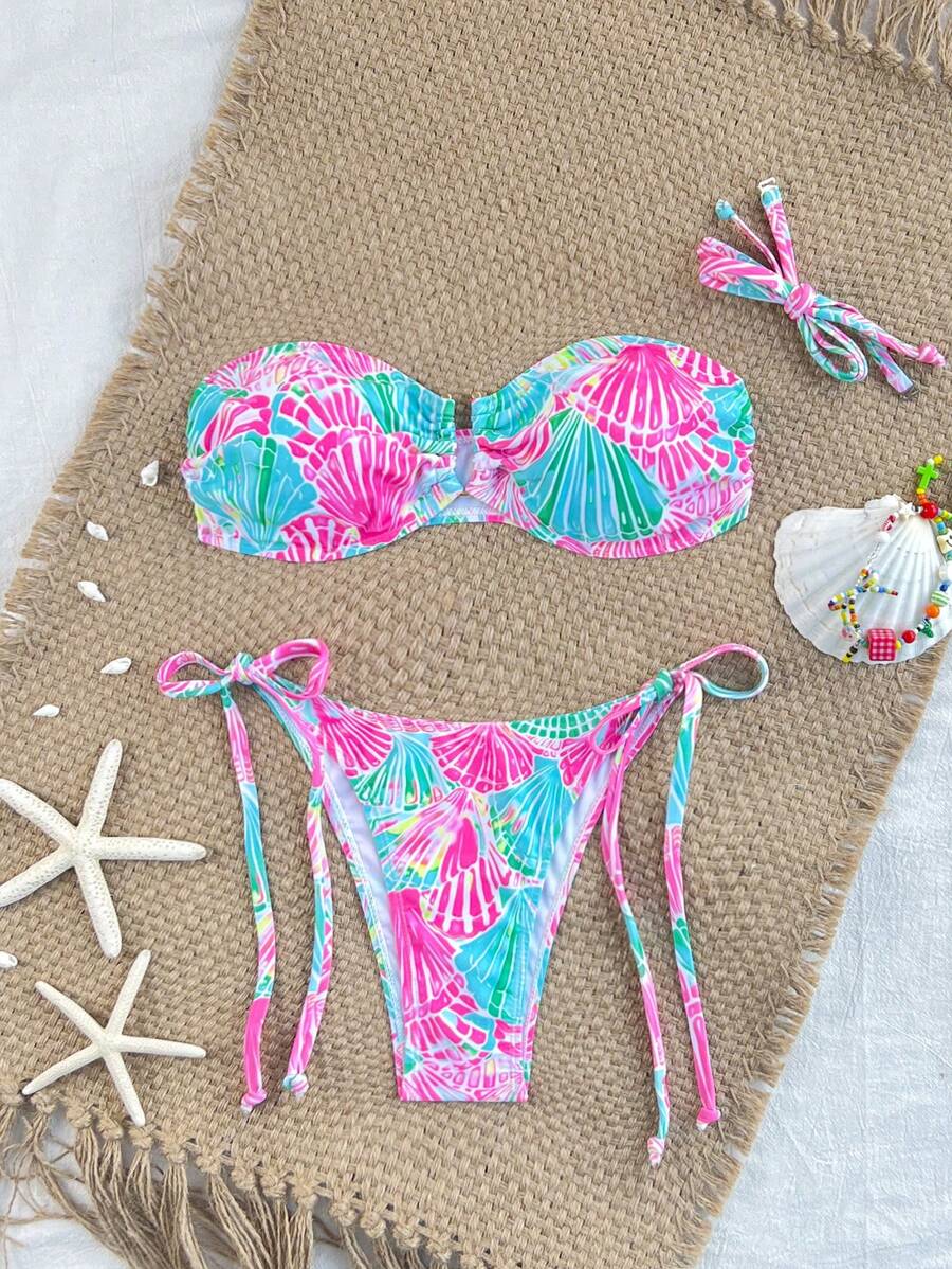 Swim Mod 1 Set Women's Beach Vacation Ocean Life Printed Metallic Decor Lace-Up Halter Sexy Bikini Set