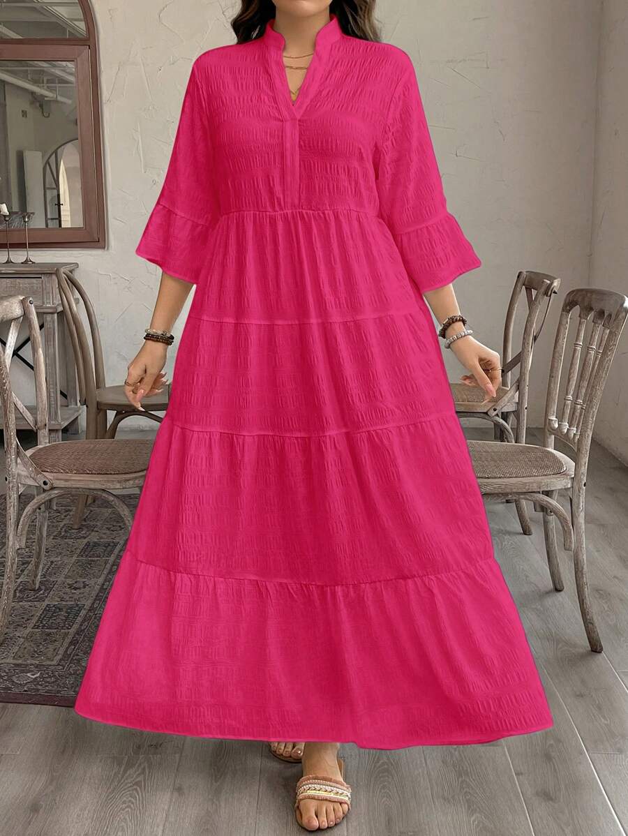 SHEIN LUNE Vestido casual con cuello entallado y ruedo con volantes, en talla grande y unicolor