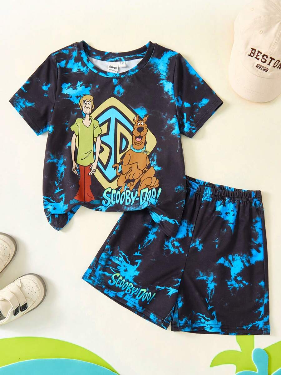 SCOOBY-DOO X SHEIN Outfit casual in stile sportivo per ragazzo giovane con maglietta a maniche corte con stampe di cartoni animati e tie-dye e pantaloncini