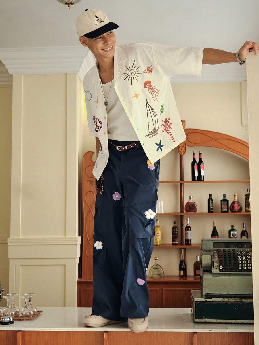 SWAVVY Men's Floral Print Cargo Pockets Loose Casual Pants