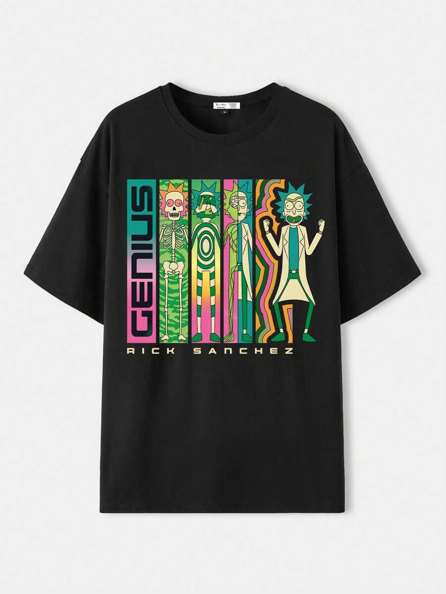Rick and Morty X SHEIN Men's Letter & Cartoon Pattern Round Neck Short Sleeve T-Shirt, Summer