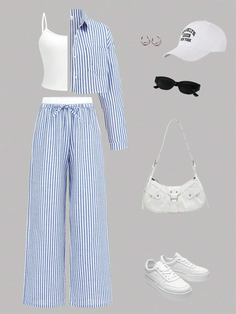 SHEIN Teen Girl Comfortable Simple Loose Contrast Elastic Waist Stripe Printed Wide-Leg Pants Solid White Cami Blue Stripe Cropped Long Sleeve Shirt 3 Pieces Set