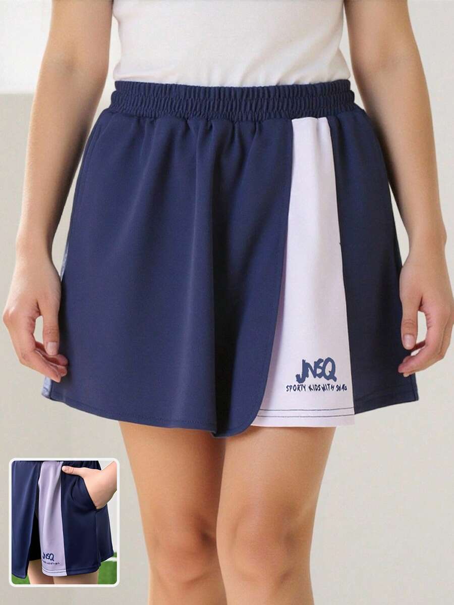 JNSQ Short deportivo informal y holgado con falda para niñas, short deportivo informal y holgado con cintura elástica y estampado divertido de letras para niños