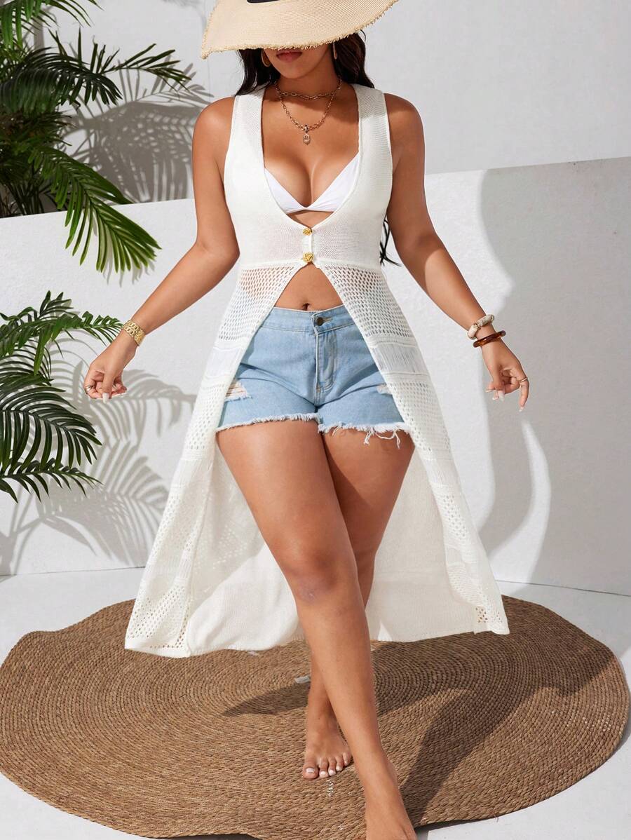 SHEIN Swim Curve Kimono informal de verano de talla grande para mujer, de punto de un solo color, con cuello en V, de manga larga sin mangas, con botones de metal franceses calados