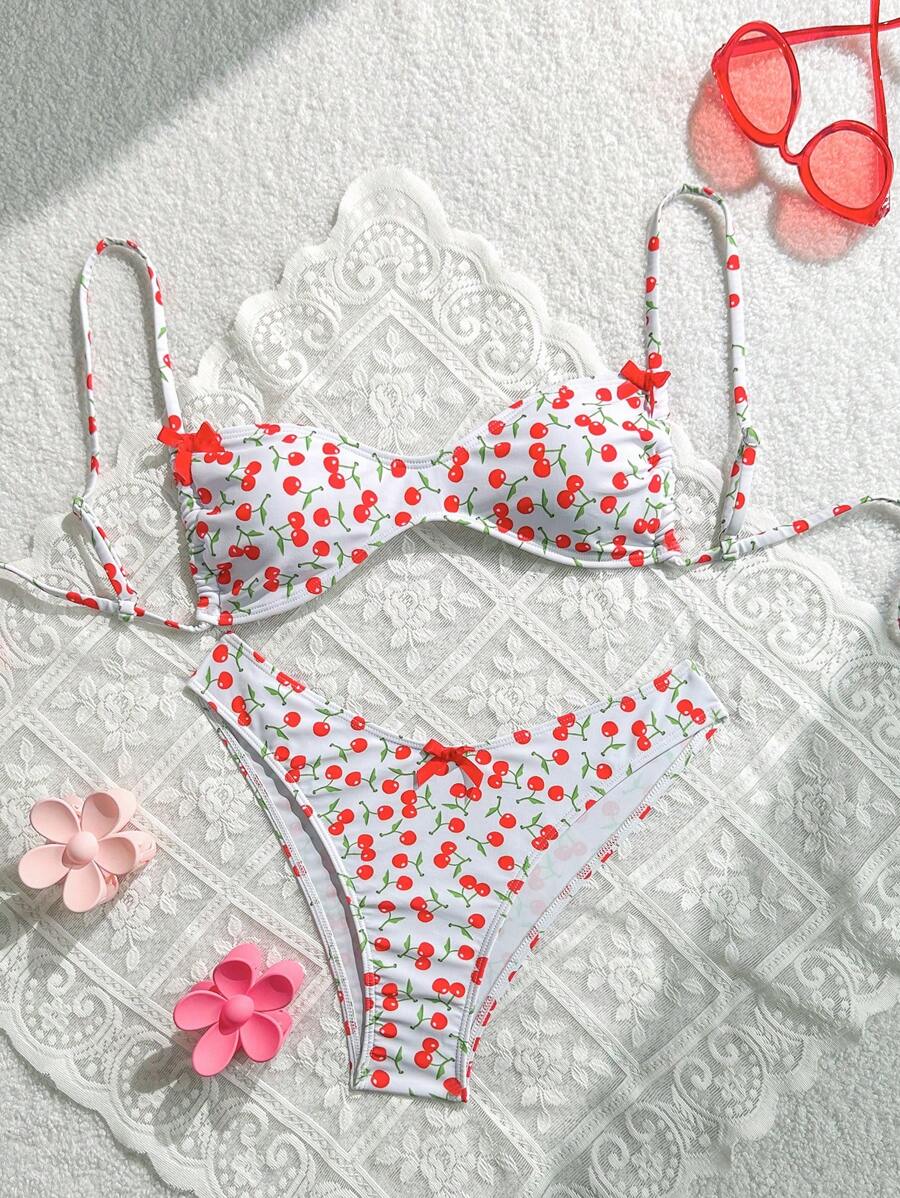 Swim Mod 2 peças Conjunto de Maiô Bikini Feminino Estampa de Cereja Roupa de Praia Casual de
