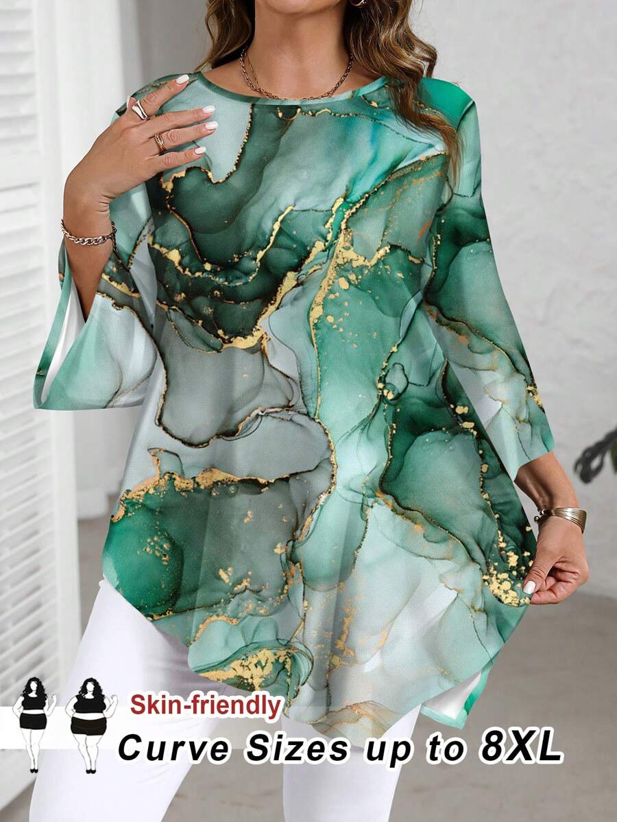 SHEIN CURVE+ Plus Size Elegant Marble Print Asymmetric Hem Blouse