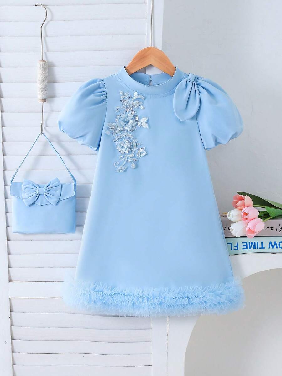 Vestido elegante para niñas con decoración de lazo y bolso a juego, vestido estilo línea A de tul con parches de flores, manga abullonada y gran lazo con lentejuelas