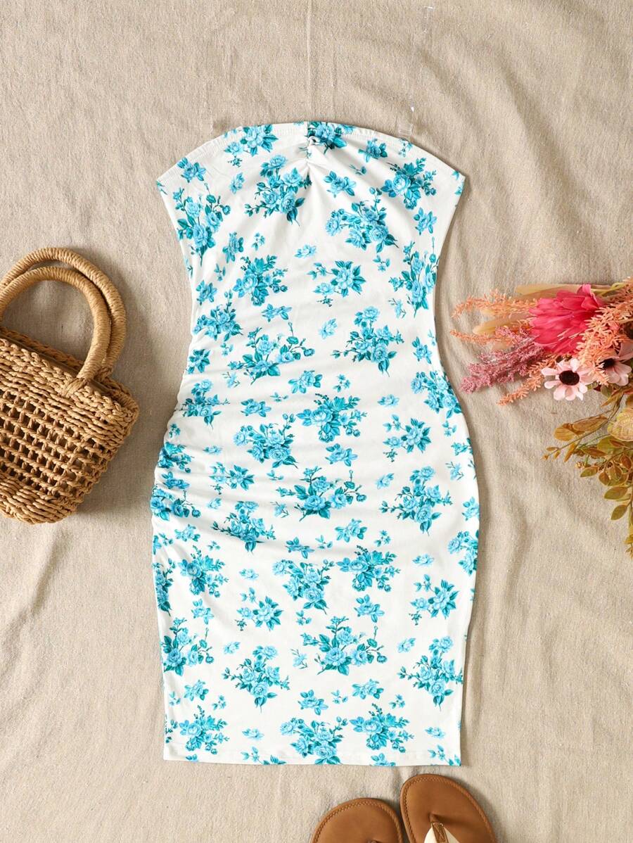 Tween Girls' Vacation Print Side Ruched Fitted Waist Bandeau Mini Dress, Fashionable For Party, Afternoon Tea In Spring/Summer