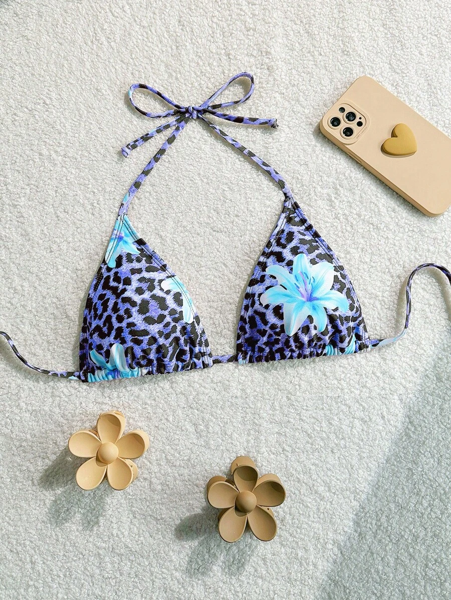 Swim Mod Top de bikini con estampado de leopardo estilo bohemio para mujer