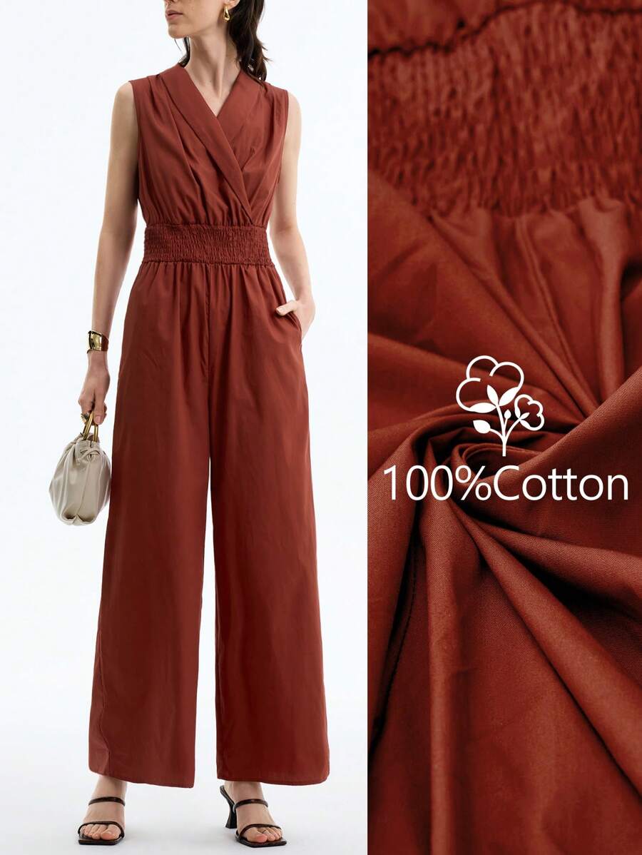Aalyst Women's Elegant Fashion Commute Casual Charming Retro Minimalist High-End Vacation Sleeveless Lapel Waist Cinched Straight Leg Jumpsuit, Solid Color