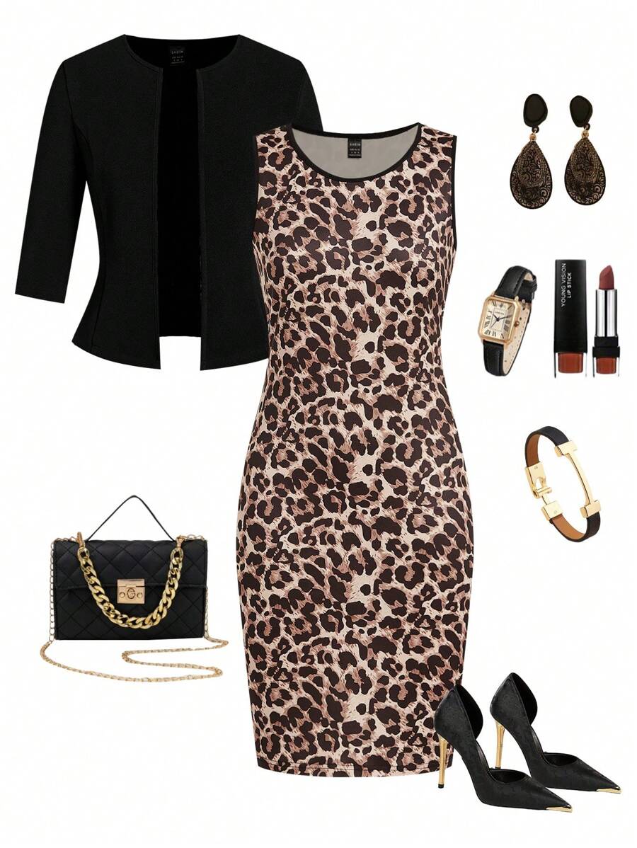 Ellevyn 2pcs Set: Black Fitted Mid-Sleeve Jacket + Mesh Leopard Print Sleeveless Midi Fitted Dress
