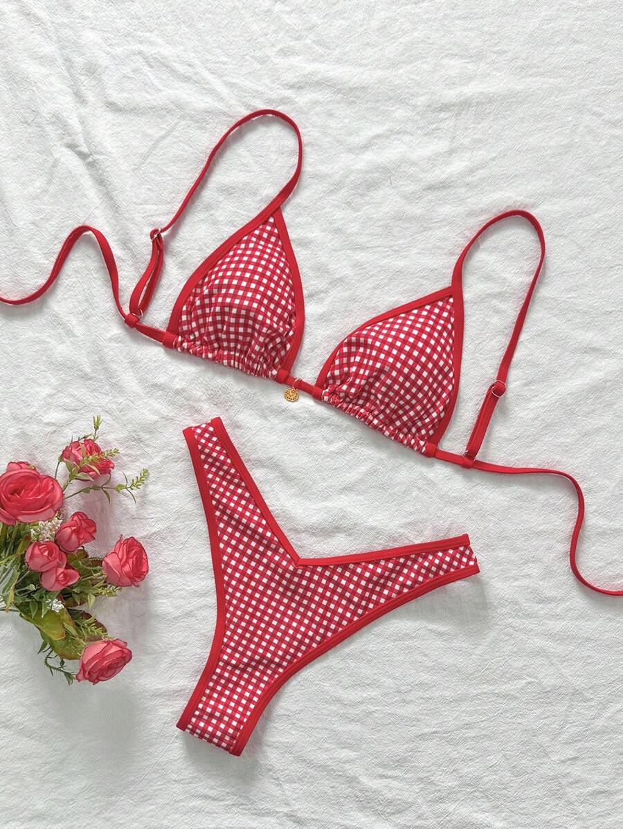 Swim Mod Set de 2 piezas Bikini con shorts de baño de mujer de verano con estampado de cuadros, decoración de metal y tirantes finos, traje de baño para vacaciones en la playa