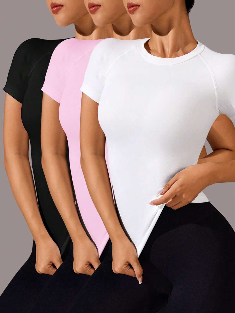 SHEIN Velisys 3 piezas Camiseta deportiva casual de mujer de cuello redondo, manga raglán, manga corta, camiseta de compresión sin costuras, camiseta ajustada para gimnasio