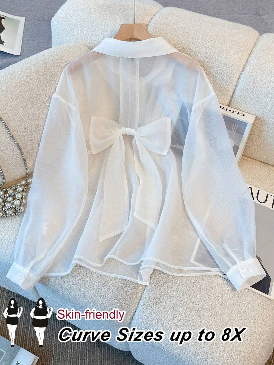 SHEIN CURVE+ Blusa de manga larga suelta y casual con espalda de lazo semitransparente para tallas grandes