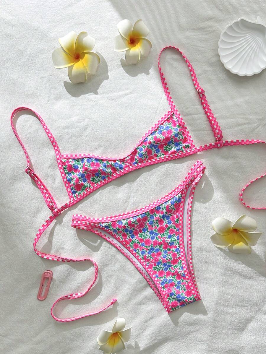 Swim Mod 2pcs/Set Women Random Floral Print Spaghetti Strap Sexy Bikini Set, Summer