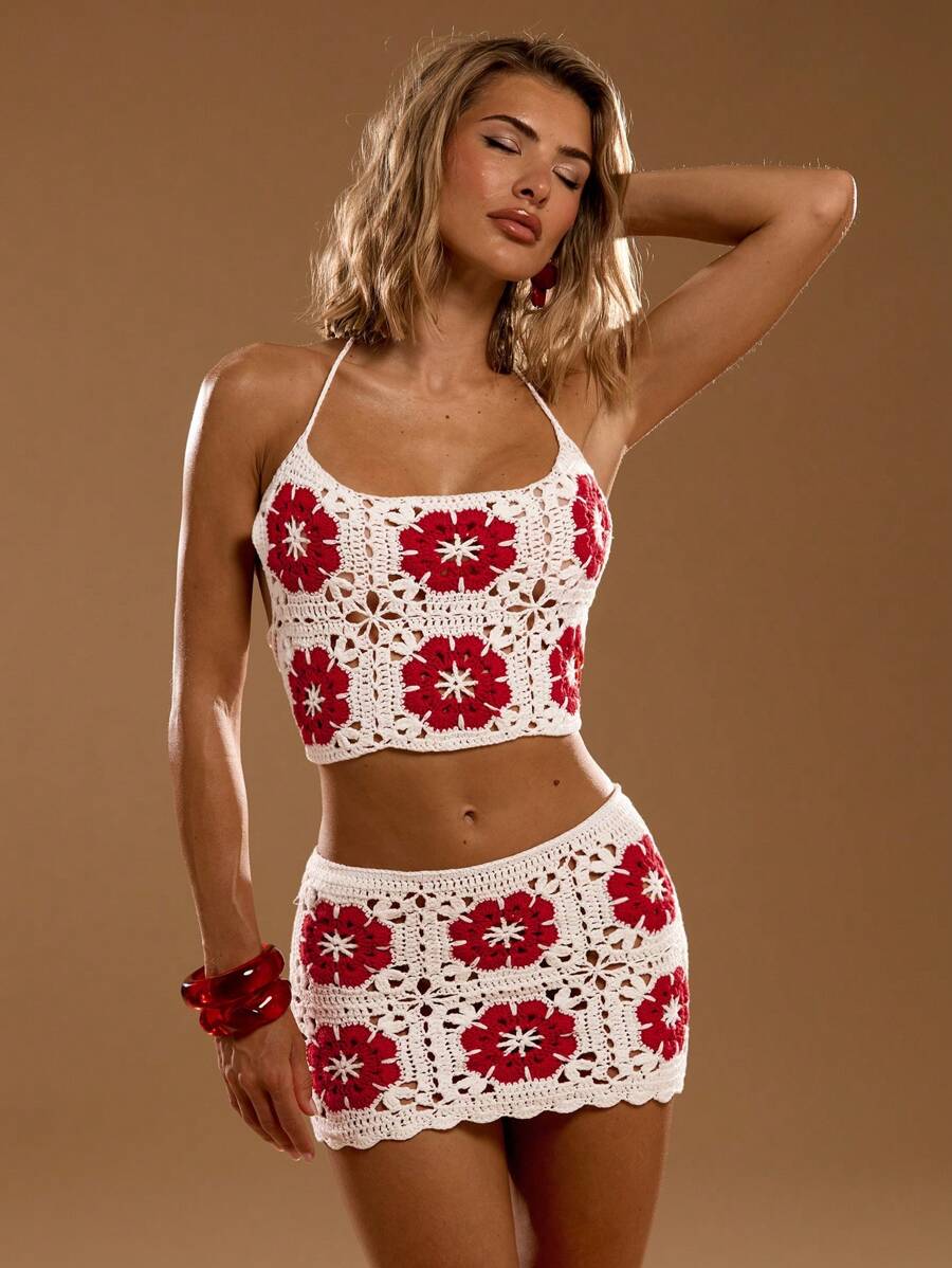 SHEIN BAE Top de punto con nudo en el cuello y espalda descubierta con decoración floral, moda casual de resort