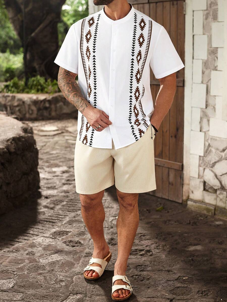 ResortEase Plus Size Men's Geometric Print Short Sleeve Shirt Men Short Sets Vacation Mens Resort Wear Greece Vacation Outfit Men