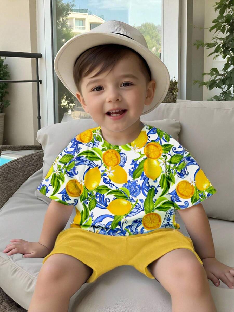 LEMON, HOLIDAY, VACATION, LIMON CELLO, FAMILY TRIP, LOVE, I LOVE MOMMY, I LOVE DADDY, Baby Boy Casual Minimalist Round Neck Short Sleeve Top And Shorts 2 Pieces Set, Suitable For Summer Lemon Shirt Baby Boy Baby Lemon Outfit Baby Boy Summer Outfit Toddler Lemon Shirt Baby Boy Lemon Shirt Set