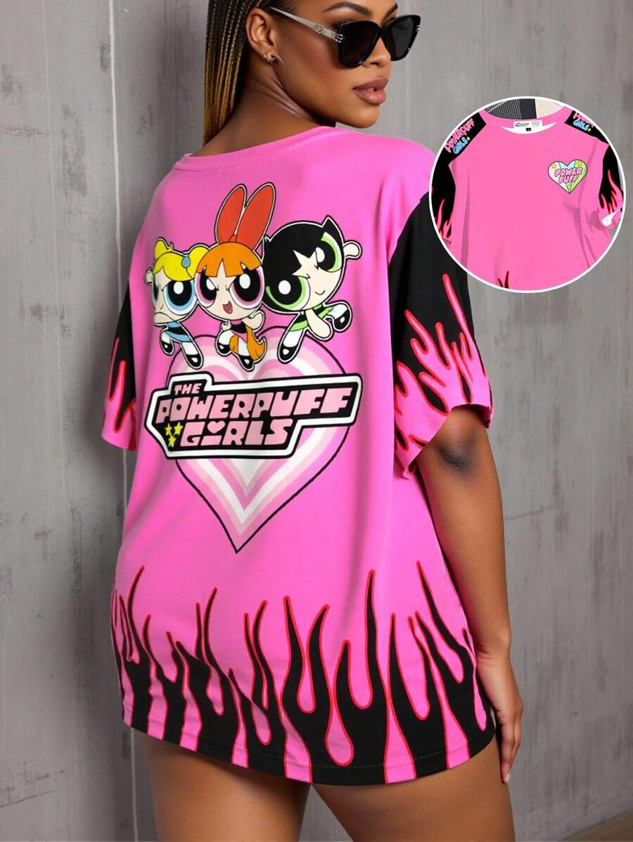 THE POWERPUFF GIRLS X SHEIN Plus Size Blossom, Bubbles, Buttercup Pattern Round Neck Short Sleeve T-Shirt