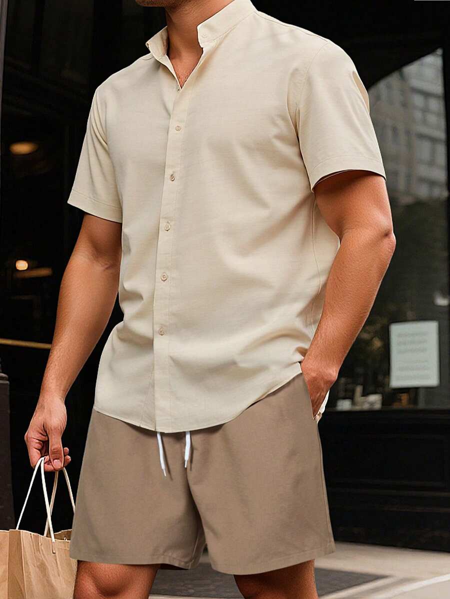 Manfinity Homme Conjunto casual de verano para hombre con camisa de manga corta de un solo abotonadura de unicolor y pantalones cortos