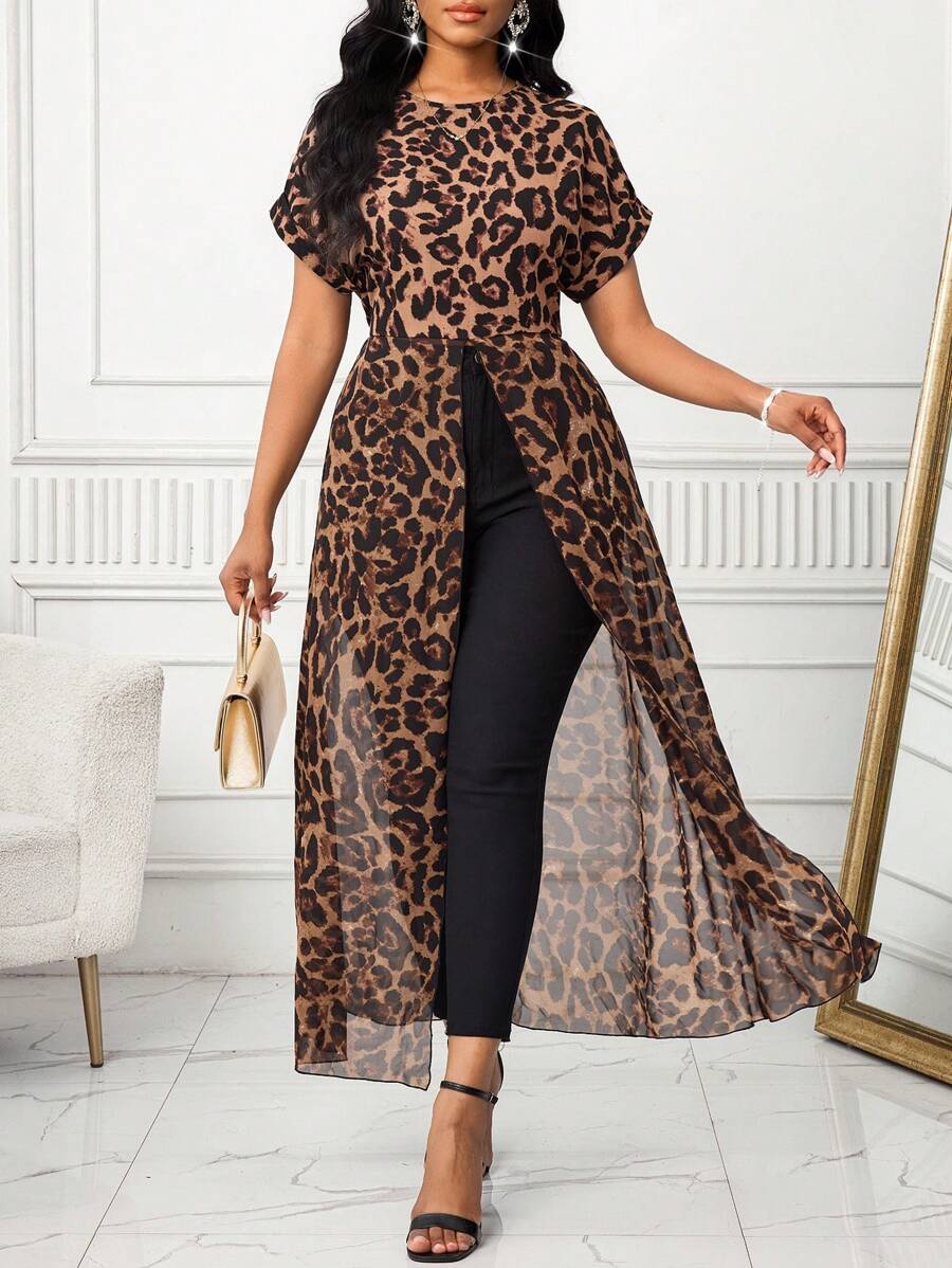 SHEIN Lady Damen elegante lässige Urlaubs-Leoparden-Muster Taille-geschlossene Schlitz-Rundhals-Fließende Bluse, Urlaubs-Frauen Gepard-Muster Ausgeh-Oberteile, Frauen Boho Flughafen, für Frauen Brunches, für Frauen Klassisch, Fließendes Oberteil