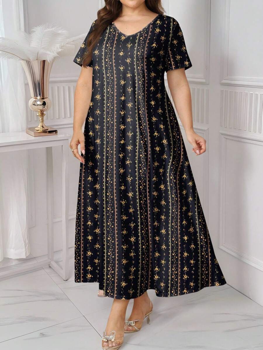Lacomfia Plus Size Women Summer Casual Floral V-Neck Short Sleeve A-Line Dress,Women's Book Summer Fashion Simple Waist Slimming Floral Print Dress, Home Outing Casual Dress, Fabric Soft And Comfortable Loose Women's Dress Women's Dress Elegant Dress Women's Summer Clothing Women's Casual Dress Women's Beautiful Dress,Black Dress Brown Dress