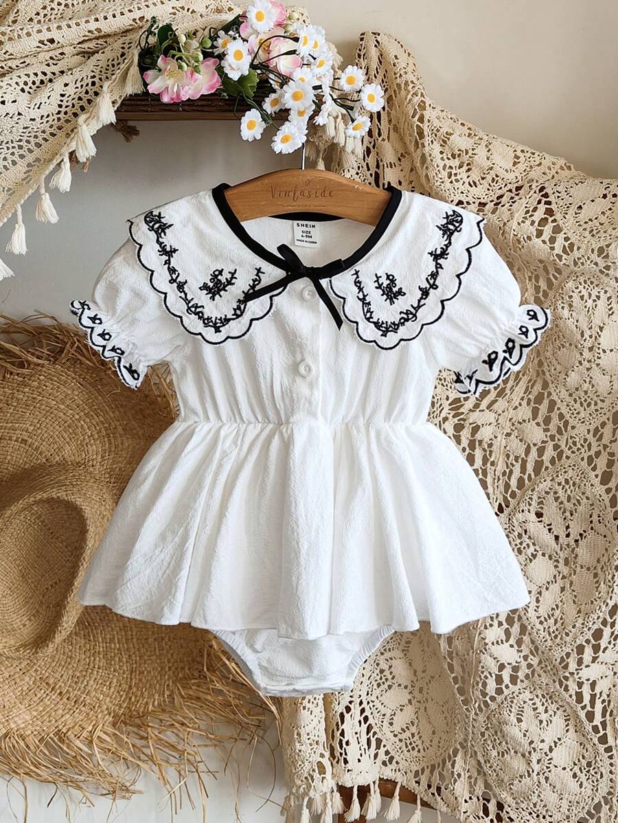 SHEIN Vintaside Kids Pelele de bebé niña con bordado floral elegante y de moda, adecuado para primavera y verano, para uso diario